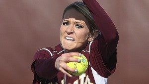PLAY BALL: Pearl River’s Shelby Perry delivers a pitch in the Lady Wildcats’ 7-2 loss to Alabama Southern earlier this season in women’s fast-pitch softball action. Perry is a freshman who prepped  at Sumrall High Mitch Deaver | PRCC