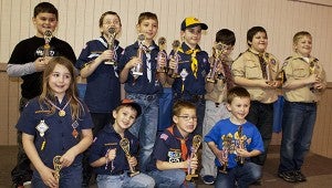 2014 Pinewood Derby winners: Front Row (L to R):  Sabastian Mitchell, Joseph Giaise, Grant Malcolm, Ben Naquin  Back Row (L to R): Aden Kekko, Johnathan Polson, Slade Malcolm, Noah Dobbs, Christopher Gestring, Michael Olive, Ethen Hickey. Photo by Jodi Marze 