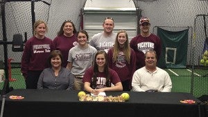 INKS DEAL: Picayune Memorial High School Softball standout Jennifer Walker has signed a with Mississippi Gulf Coast Community College.   Jennifer is a senior infielder for Coach Kristi Mitchell’s Lady Tide.   “Jennifer is a very talented softball player and has a tremendous work ethic.  MGCCC is not only getting an outstanding softball player but a great person.  I expect Jennifer to make an immediate impact next season” said Coach Kristi Mitchell.   MGCCC Coach Kenny Long said, “ We were able to watch Jennifer play at the end of her junior season and through summer ball.  We made her a top priority because she is a versatile player that can help us remain a championship program”. Pictured are (seated, from left) Leila Walker,  Jennifer Walker,  Mickie Walker and (middle)  Lauren Walker, Sarah Walker, also (Standing) Coach Courtney Dickens, Coach Kristi Mitchell, Coach Adam Feeley, Coach Jayme Hodge. Submitted photo 