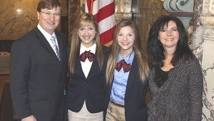 LEGISLATIVE LESSONS: From left, Lt. Governor Tate Reeves poses with Victoria Voss, Gabriella Voss and Senator Angela Hill. Victoria and Gabriella served as Senate Pages in Jackson for a week.  Photo submitted 