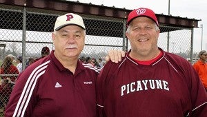 It's a tradition: Harvey Miller with the city of Picayune was PYAA Board President Allen Hickman. Miller was Hickman's first coach at Friendship Park.  Jodi Marze | Picayune Item