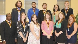 HONORED STUDENTS: Pearl River Community College awarded medallions to Honors Institute graduates on May 1. They are, front from left, Nigel H. Simmons of Picayune, Shassidy L. Ramshur of Columbia, Chelsea E. Gascho of Picayune, Hollie A. Chester of Lumberton, Sarah A. Silver of Perkinston, Sonya Conerly of Hattiesburg; back row, Marcus R. Petty of Columbia, Stephen Perry, Trevor Creighton and Sarah Krock, all of Hattiesburg; and Brandon D. Edenfield of Diamondhed. Not pictured are Natalee Baggett Dukes of Sumrall, D’Shanal W. Fowler of Picayune and Rachel C. Fowler of Purvis. Photo submitted
