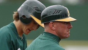 MAY MADNESS: Picayune’s Matt Riser (right) has guided the baseball team at the University of Southeastern Louisiana to the NCAA Baseballl Tournament in his first year as the Lions head coach. Photo courtesy of SLU SID