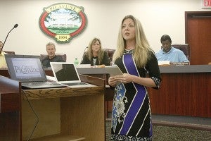 LAUNCHING A NEW SITE: Jaimee Goad of Jaimee Designs spoke to the crowd before launching the city of Picayune’s revamped website during the city council meeting held Tuesday evening. Photo by Jeremy Pittari
