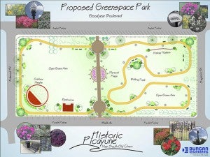 NEW COMMUNITY WALKING TRAIL: Area will provide a protected environment for citizens looking to stay fit.  Picutred above is the rendering of Picayune’s proposed greenspace park, located on Goodyear Boulevard, at the site of the old Crosby Memorial Hospital.   After acquiring the space in 2013 for $210,000, the city paid an additional $45,000 for demolition of the vacant hospital which proudly claimed the space for over 60 years.  After demolition, the site has an estimated value of four times the amount spent on its acquistion. 