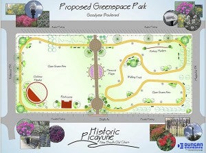 TENTATIVE PLAN: This conceptual drawing shows the city’s current plan for the green space on Goodyear Boulevard.  The city is still accepting public opinion on what the community would like to see implemented at the green space as it is developed. Submitted image