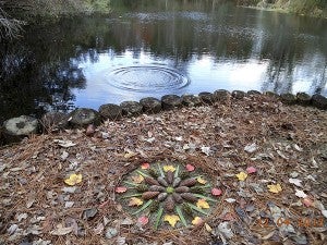 NATURE'S BEAUTY: This nature mandala was constructed in the fall by Mary Murchison along the Arboretum’s Pond Journey and is composed of red maple leaves, pine cones, and magnolia seed pods. Submitted photo