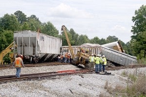 CLEANUP: This train derailed near the Lamar and Pearl River County line. The engineer was the only one reported to be injured. The cause of the accident is currently under investigation. Photo by Jeremy Pittari