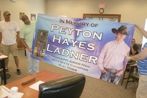 MEMORIAL SIGN: Family members of Peyton Ladner spoke with Poplarville’s Boar of Alderment Tuesday about putting this sign near City Hall to honor their deceased family member. Photo by Jeremy Pittari